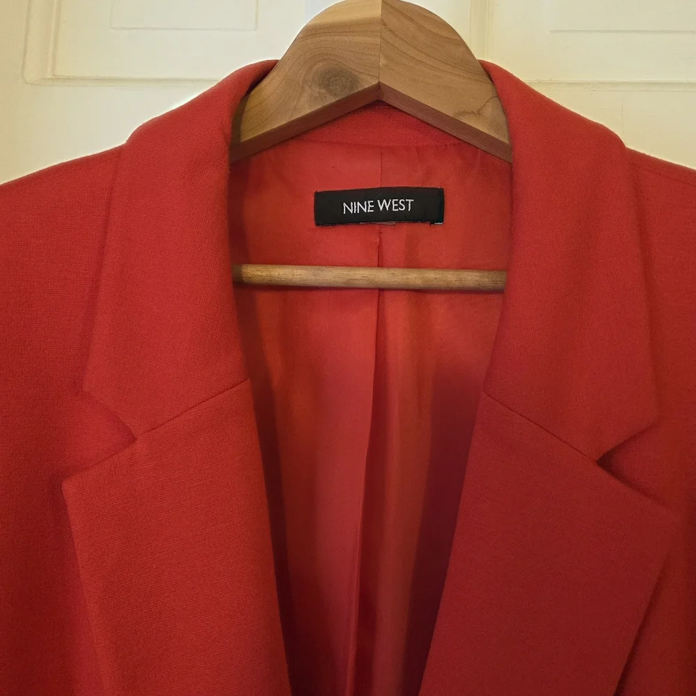 Nine West Bright Poppy Red/Orange Women's Brass Button Blazer - Picture 3 of 13